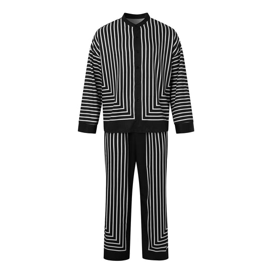 Damen nan gestreiftes Lounge-Zweiteiler mit Stehkragen knöpfbarer Hemdjacke und gerader Pyjamahose R&B