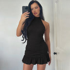 Damen Kleid mit hohem Kragen und Rüschenabschluss R&B