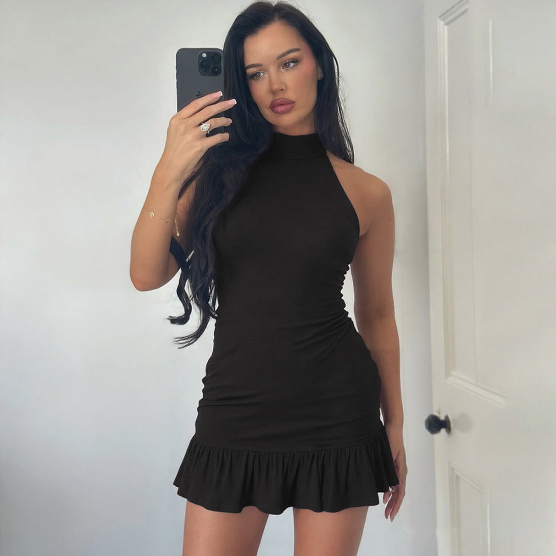 Damen Kleid mit hohem Kragen und Rüschenabschluss R&B