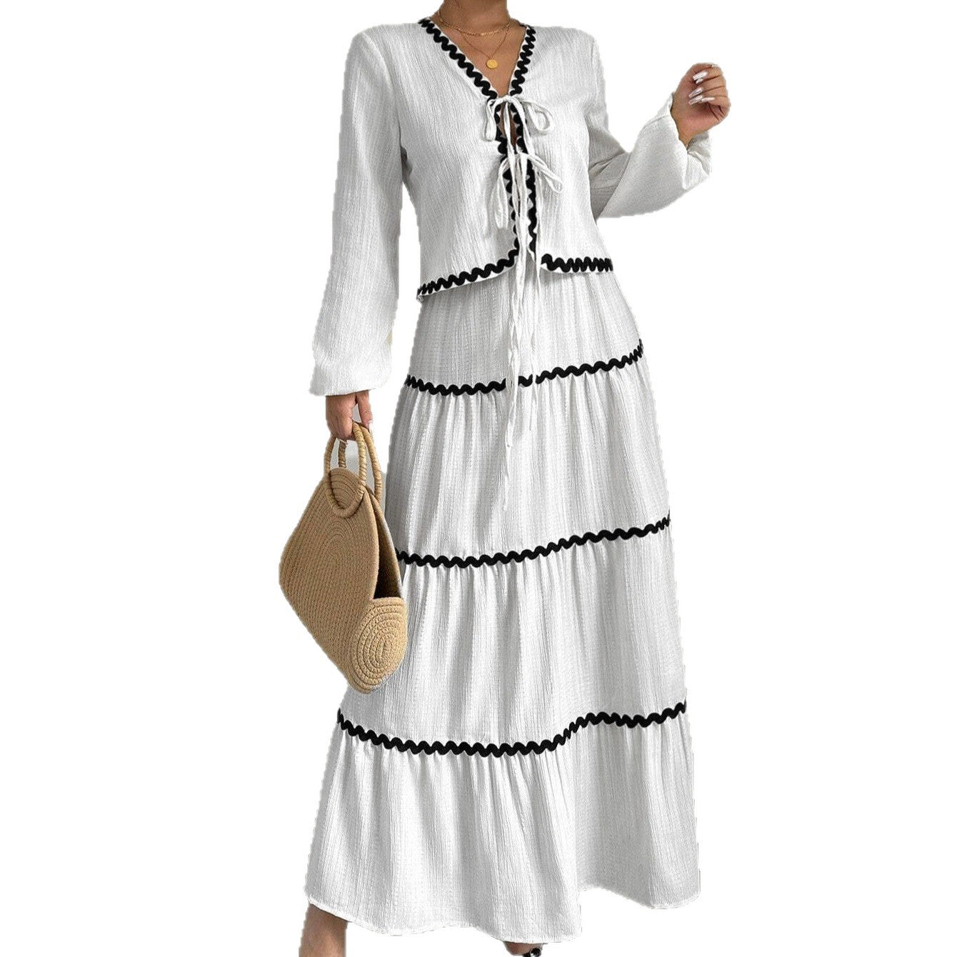 Damen Maxi-Kleid mit verspieltem Schnürungsausschnitt und elegantem Rüschenboden R&B