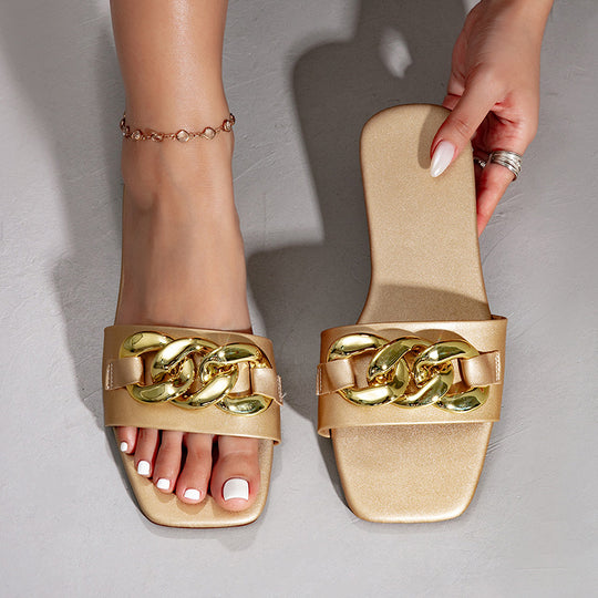 Damen elegante Mules mit goldfarbenem Kettenakzent R&B