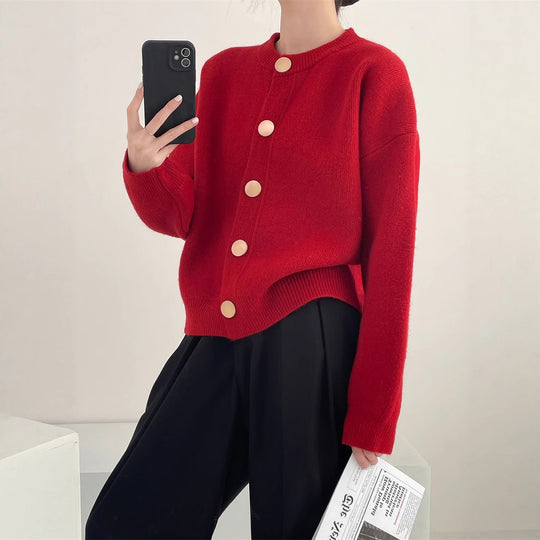 Damen Oversized Strickjacke mit großen Holzknöpfen und weitem Schnitt R&B