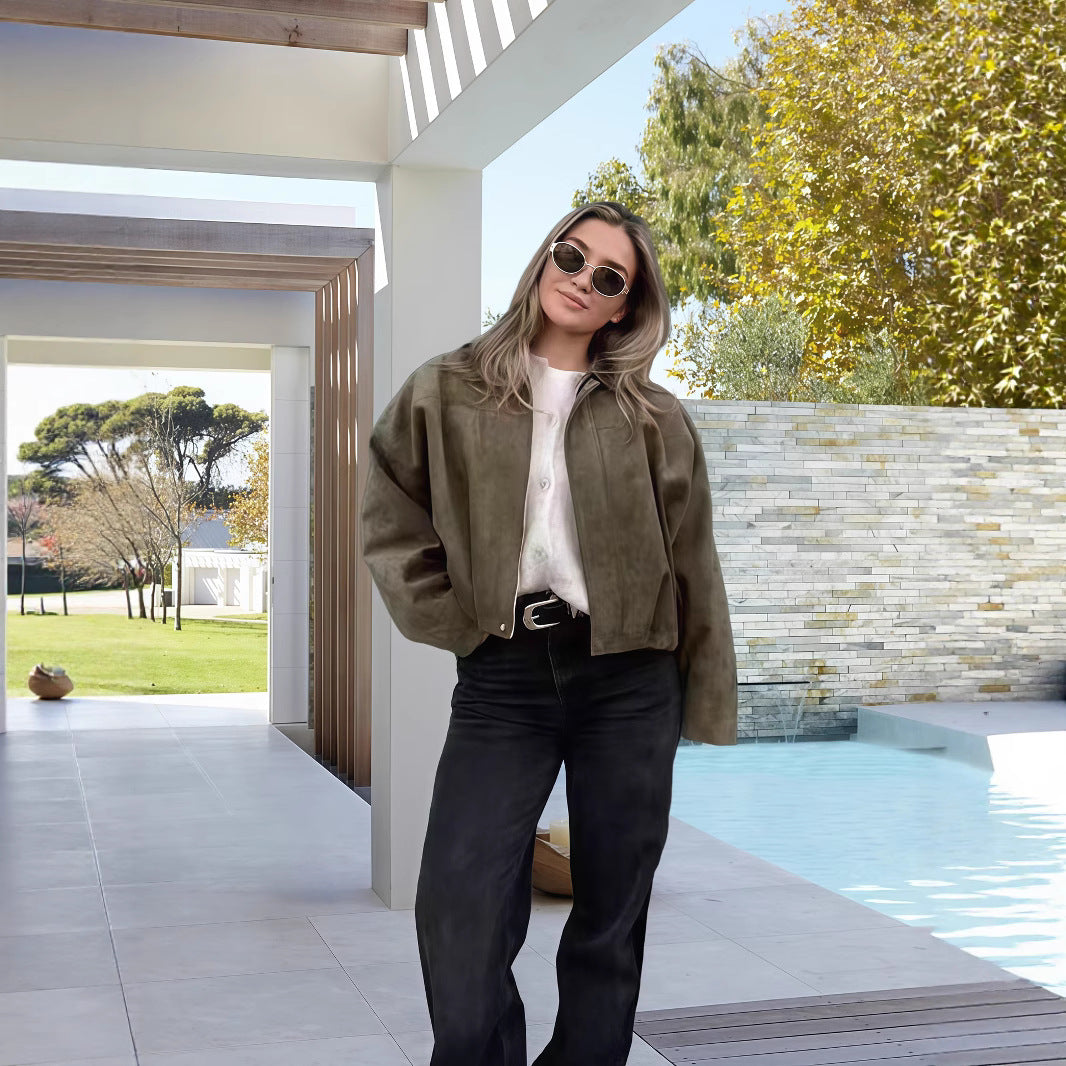 Damen Oversized Freizeitjacke aus hochwertigem Wildlederimitat mit dekorativen Details R&B