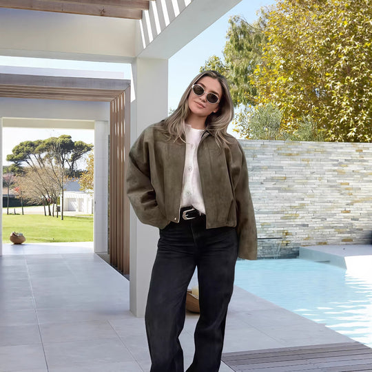 Damen Oversized Freizeitjacke aus hochwertigem Wildlederimitat mit dekorativen Details R&B