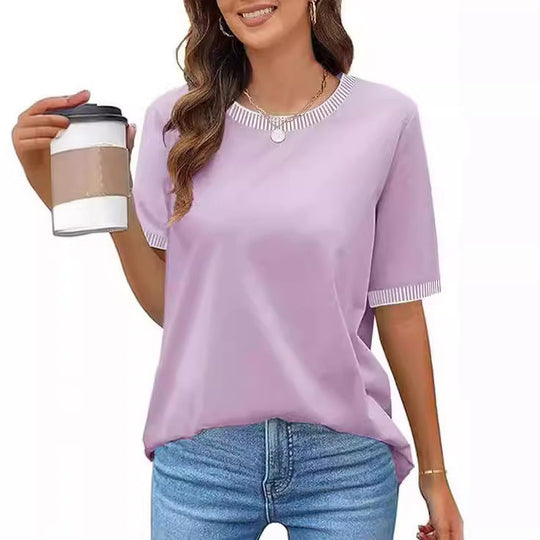 Damen Lässiges Kurzarm-Shirt mit Modischem Streifenkragen R&B