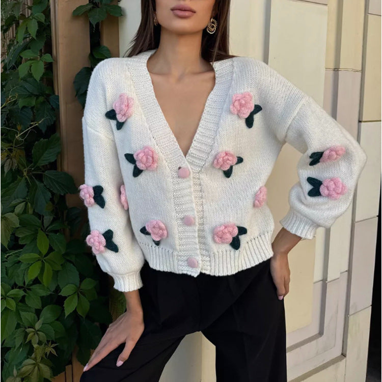 Damen Strickjacke mit floralem Stickdesign und geripptem Bund R&B