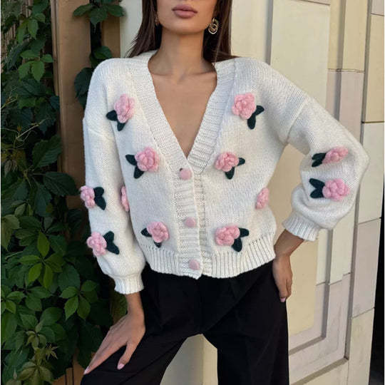 Damen Strickjacke mit floralem Stickdesign und geripptem Bund R&B