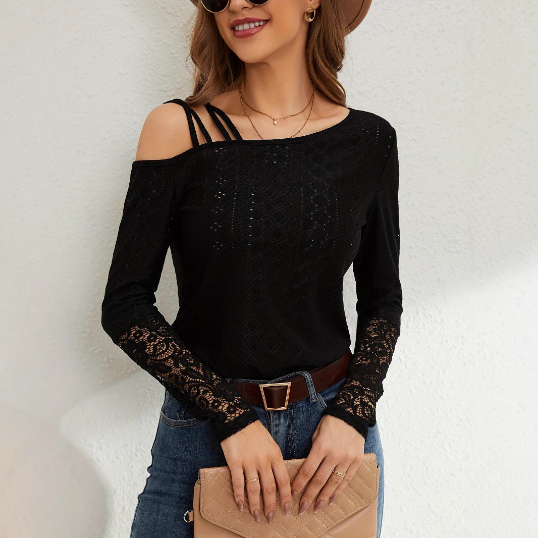 Damen Off-Shoulder Oberteil mit Spitzenbesatz und Trägerdesign R&B