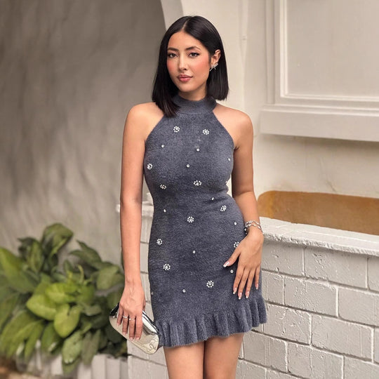 Damen elegantes Kleid mit Stehkragen und dekorativen Strass-Details R&B
