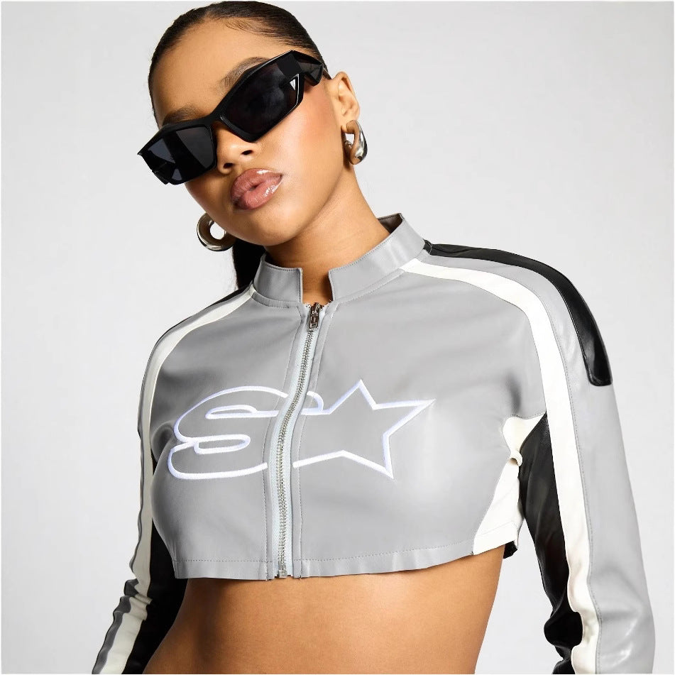 Damen cropped Sportjacke mit stylischem Reißverschluss und kontrastierenden Streifen R&B