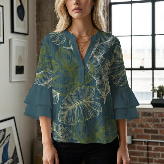 Damen Bluse mit voluminösen Rüschenärmeln und floralem Druck R&B