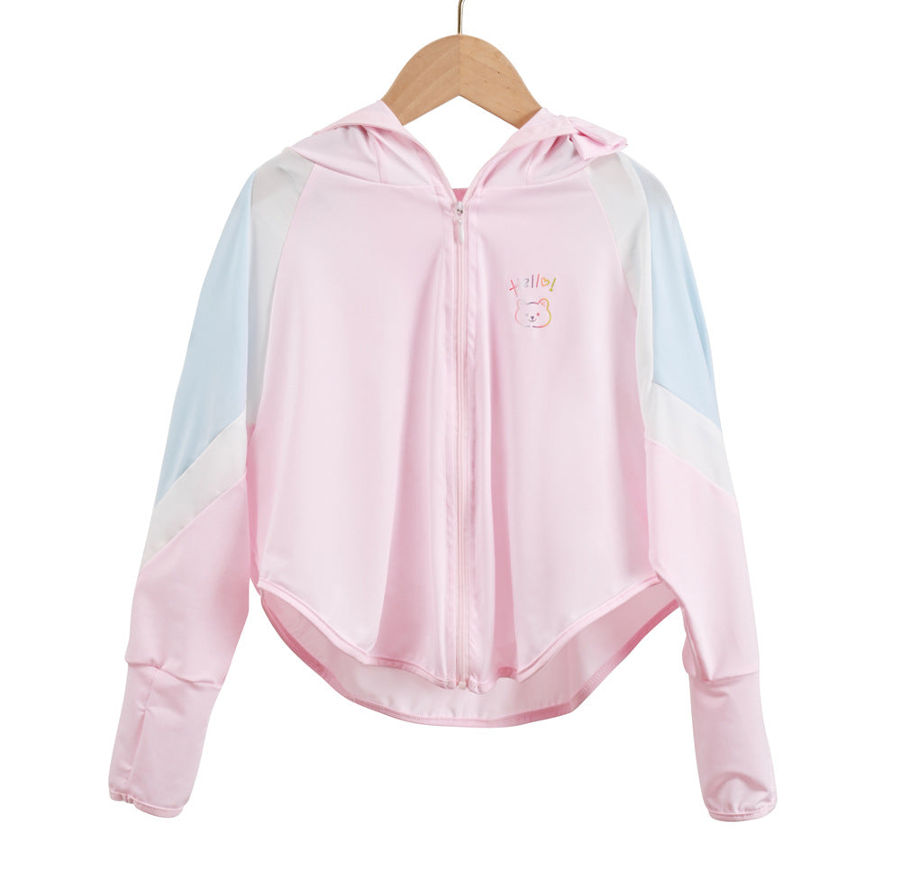 Unisex nan ultraleichte Kinder-Sonnenschutzjacke mit Kapuze, Reißverschluss, Meshfutter und Bärenstickerei  R&B