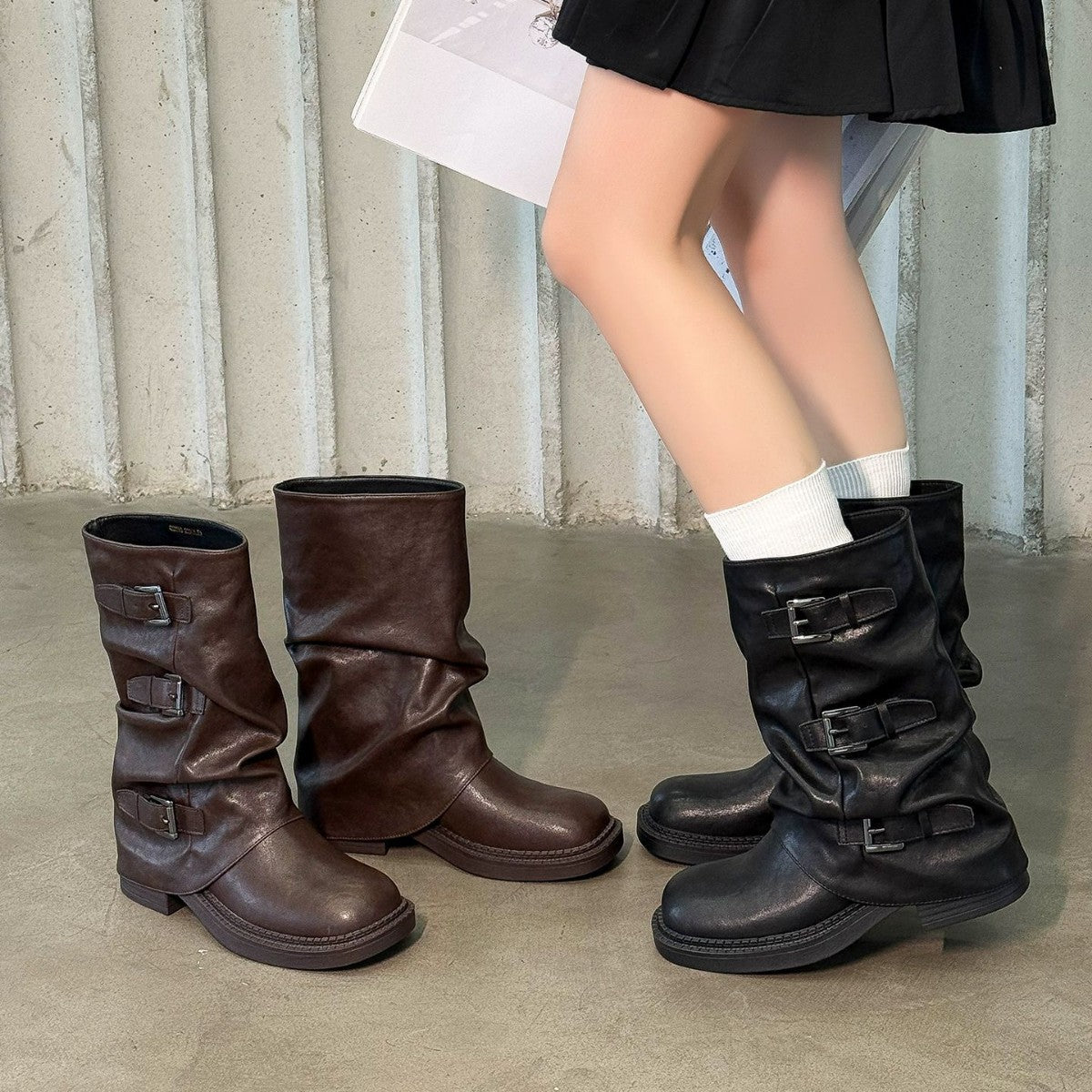 Damen modische Stiefel mit dekorativen Schnallen und robustem Profil R&B
