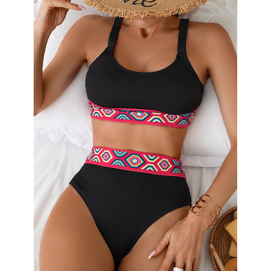 Damen Sportlicher Hochtaillen-Bikini mit buntem elastischen Bund R&B