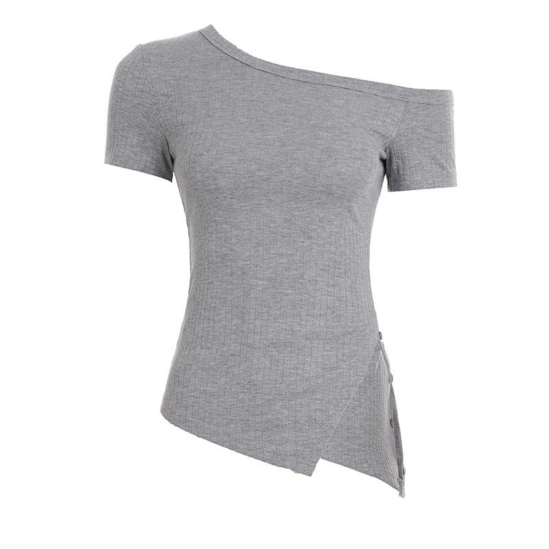 Damen asymmetrisches Kurzarm-Oberteil mit Knopfdetails und einzigartigem Schnitt R&B