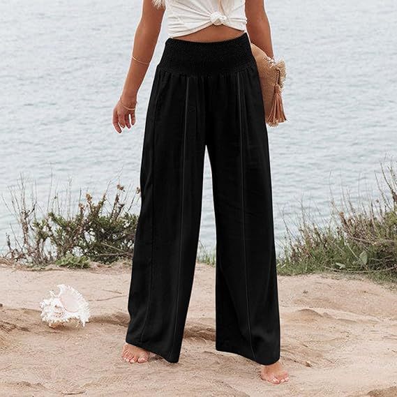 Damen weite und elegante Palazzo-Hose mit hohem Bund und Faltenwurf R&B