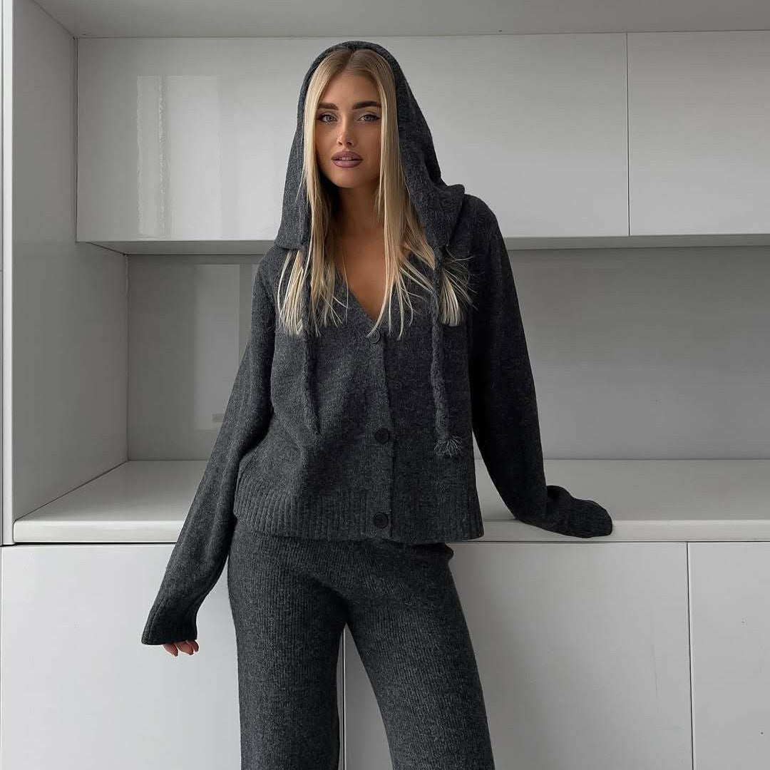 Damen elegantes Strickensemble mit weitem Cardigan und passenden Hosen R&B