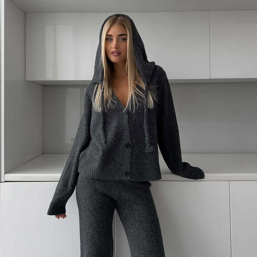 Damen elegantes Strickensemble mit weitem Cardigan und passenden Hosen R&B