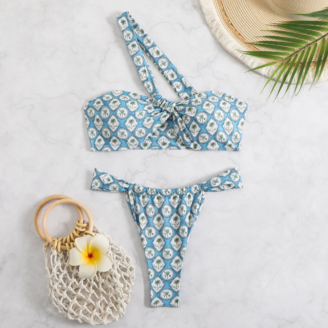 Damen Bandeau-Bikini mit asymmetrischen Trägern und modischen Wickeldetails R&B