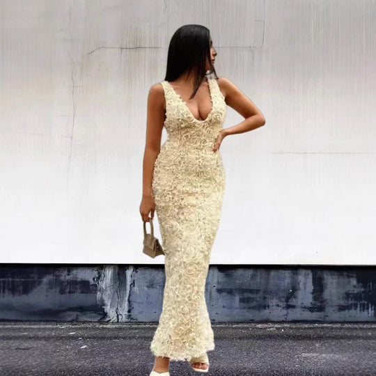 Damen Exquisites Abendkleid mit floralem Design und tiefem Ausschnitt R&B