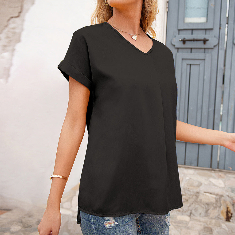 Damen elegantes V-Ausschnitt Bluse mit Falten und seitlichen Schlitzen R&B