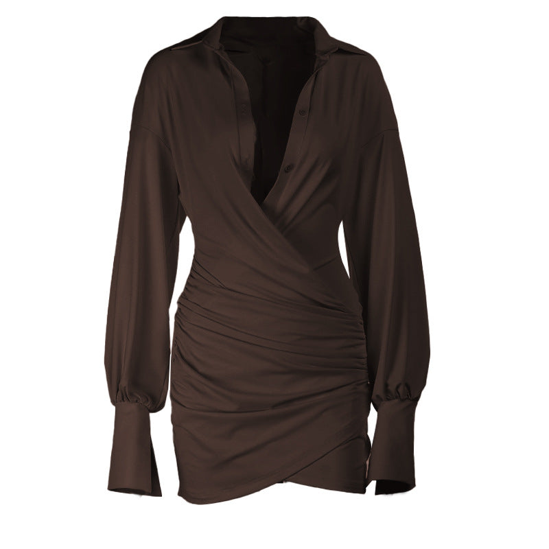 Damen schickes Wickelkleid mit tiefem V-Ausschnitt und langen Ärmeln R&B