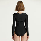 Damen Eleganter High-Cut Langarm-Badeanzug mit femininem V-Ausschnitt und Taillengurt R&B