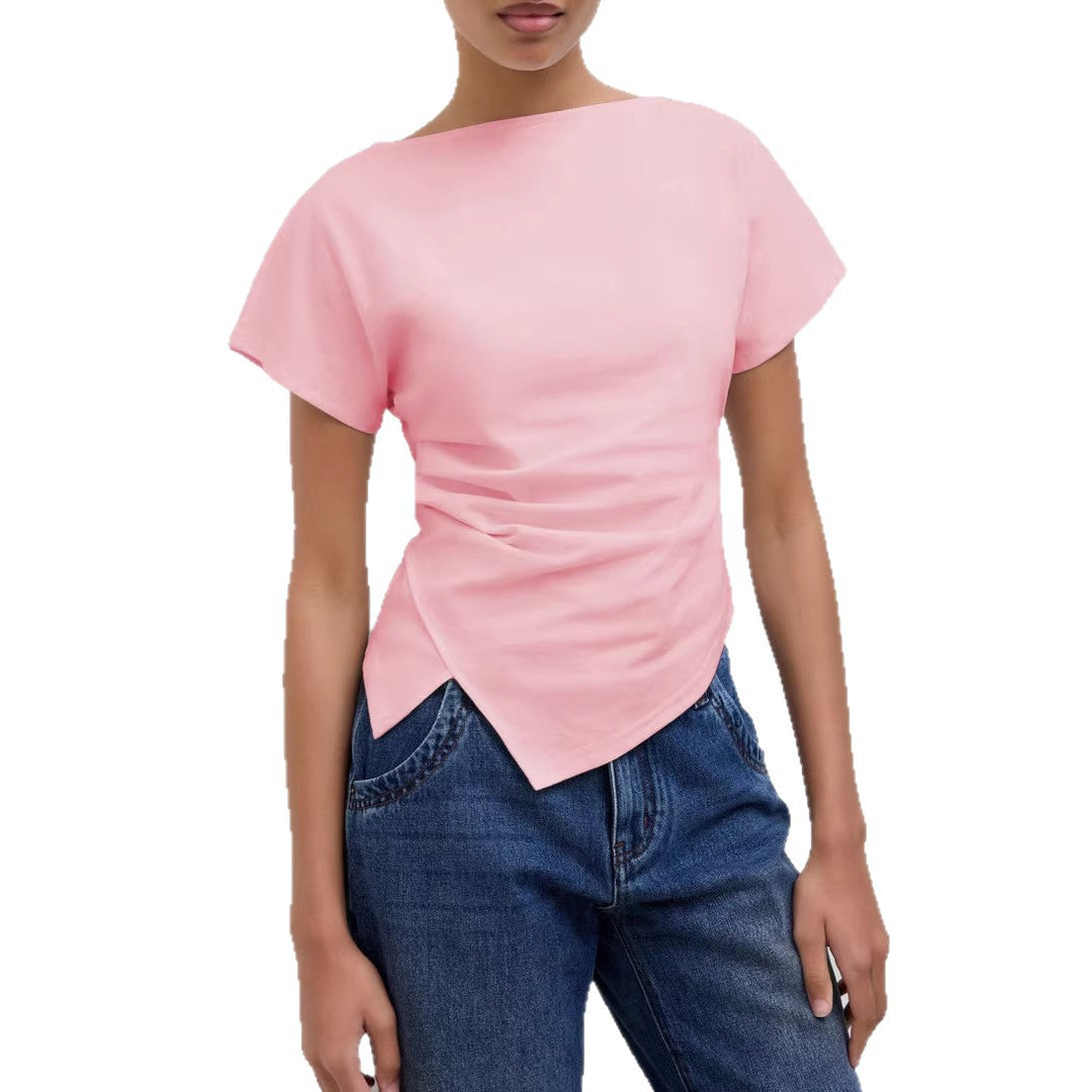 Damen Cropped T-Shirt mit asymmetrischem Schnitt und dekorativem Drapierungseffekt R&B