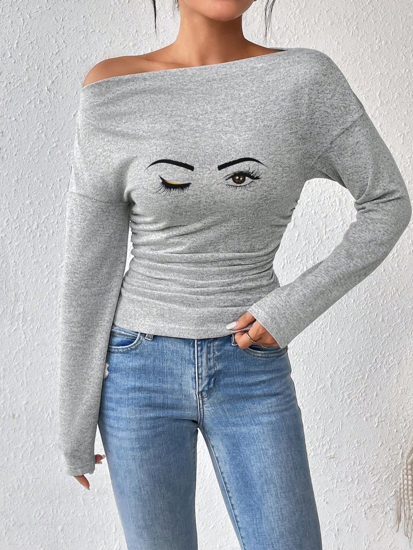 Damen Off-Shoulder Langarmshirt mit Raffung R&B