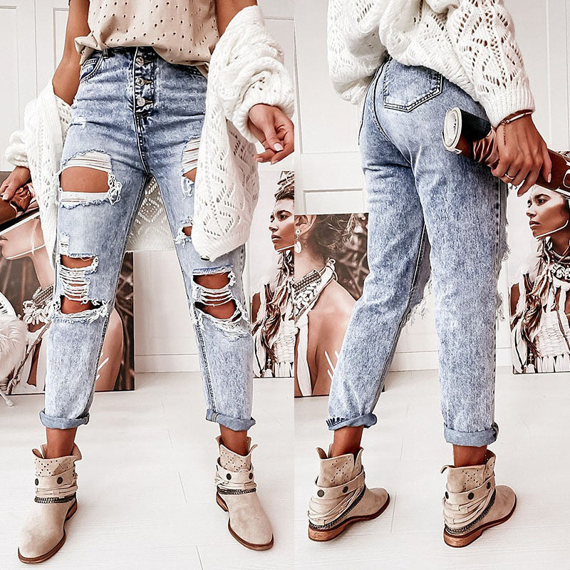 Damen Boyfriend-Jeans mit Destroyed-Details und hohem Komfortbund R&B