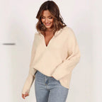 Damen lässiger Strickpullover mit modernem V-Ausschnitt und weit geschnittenen Ärmeln R&B