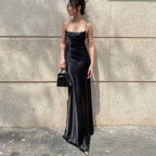 Damen elegantes Maxikleid aus fließendem Satin mit Spaghettiträgern R&B
