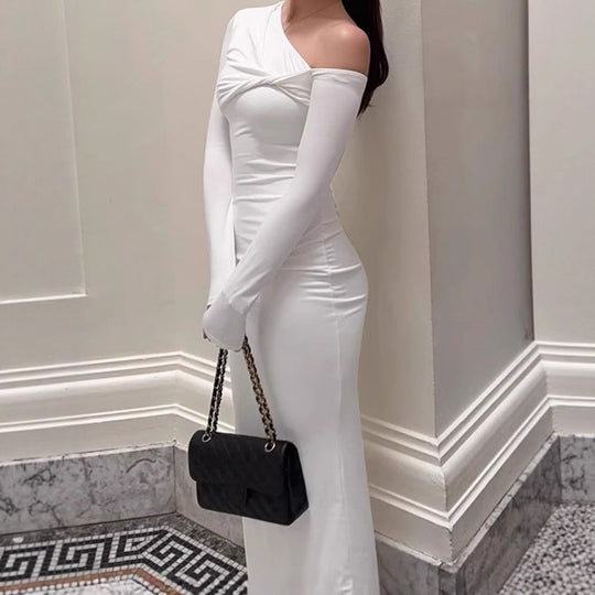 Damen Elegantes Bodycon-Maxikleid mit asymmetrischem Schnitt und tiefem Ausschnitt R&B