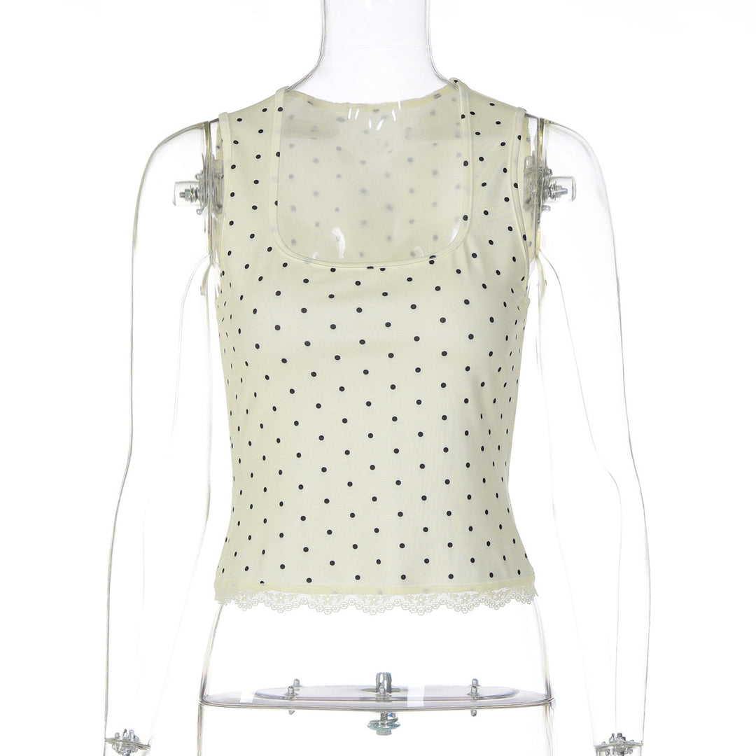 Damen Polka-Dots Trägershirt mit Spitzenrand R&B