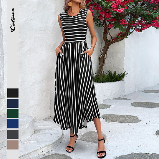 Damen Maxikleid mit modischem Streifenmuster und fließendem Schnitt R&B
