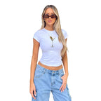 Damen Kurzarm Crop-Top mit fruchtigem Motiv und figurbetontem Schnitt R&B