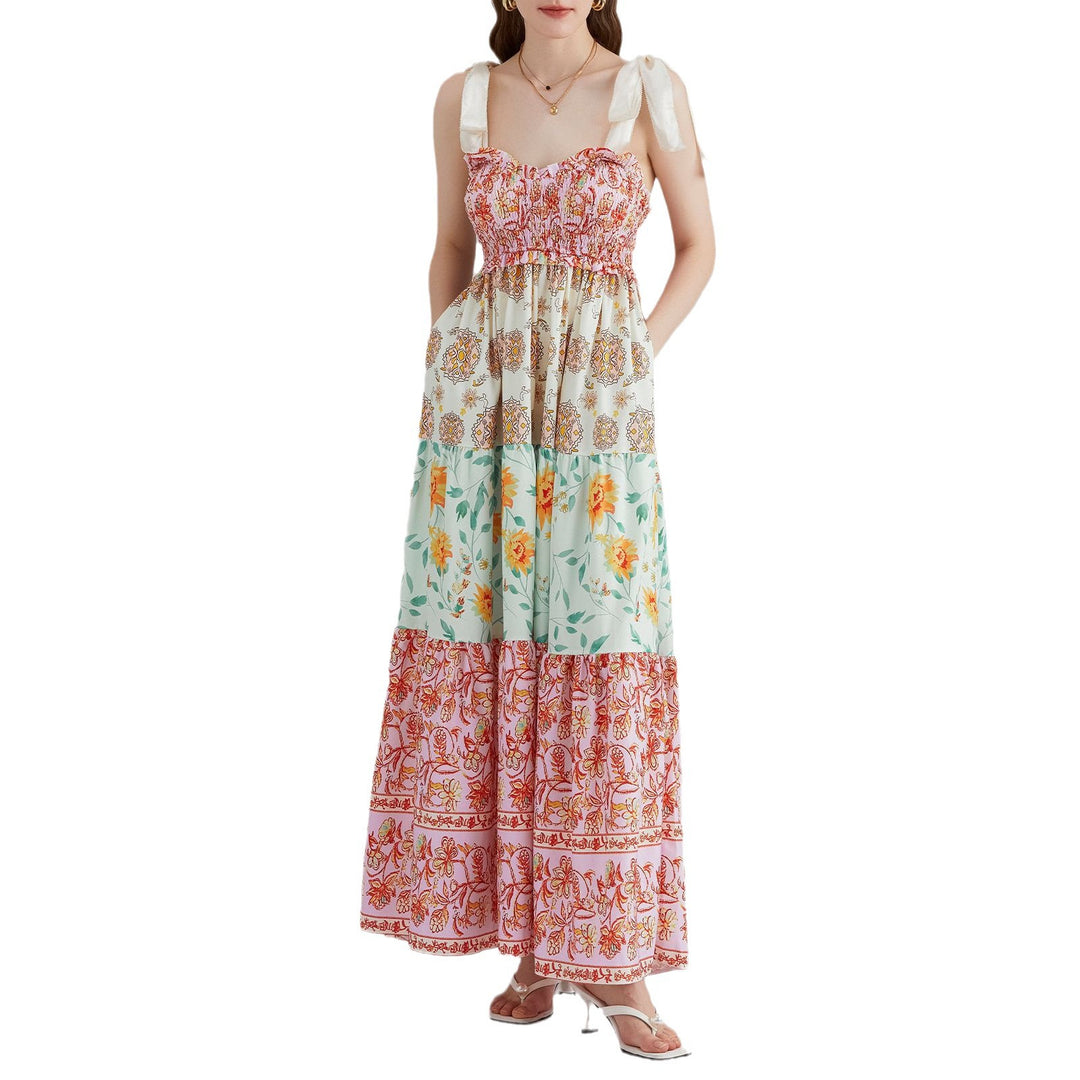 Damen Maxikleid mit floralen Falten und großzügigem A-Linien-Schnitt R&B