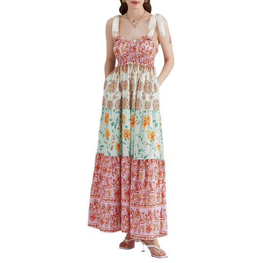 Damen Maxikleid mit floralen Falten und großzügigem A-Linien-Schnitt R&B