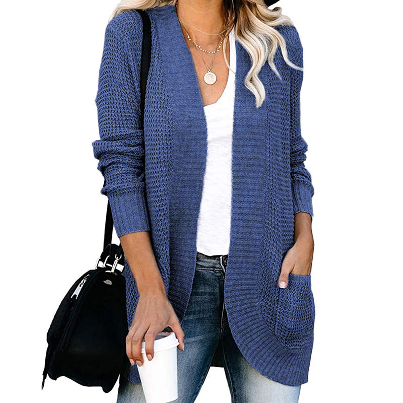 Damen lässige Strickjacke mit offenen Ärmeln und praktischen Taschen R&B