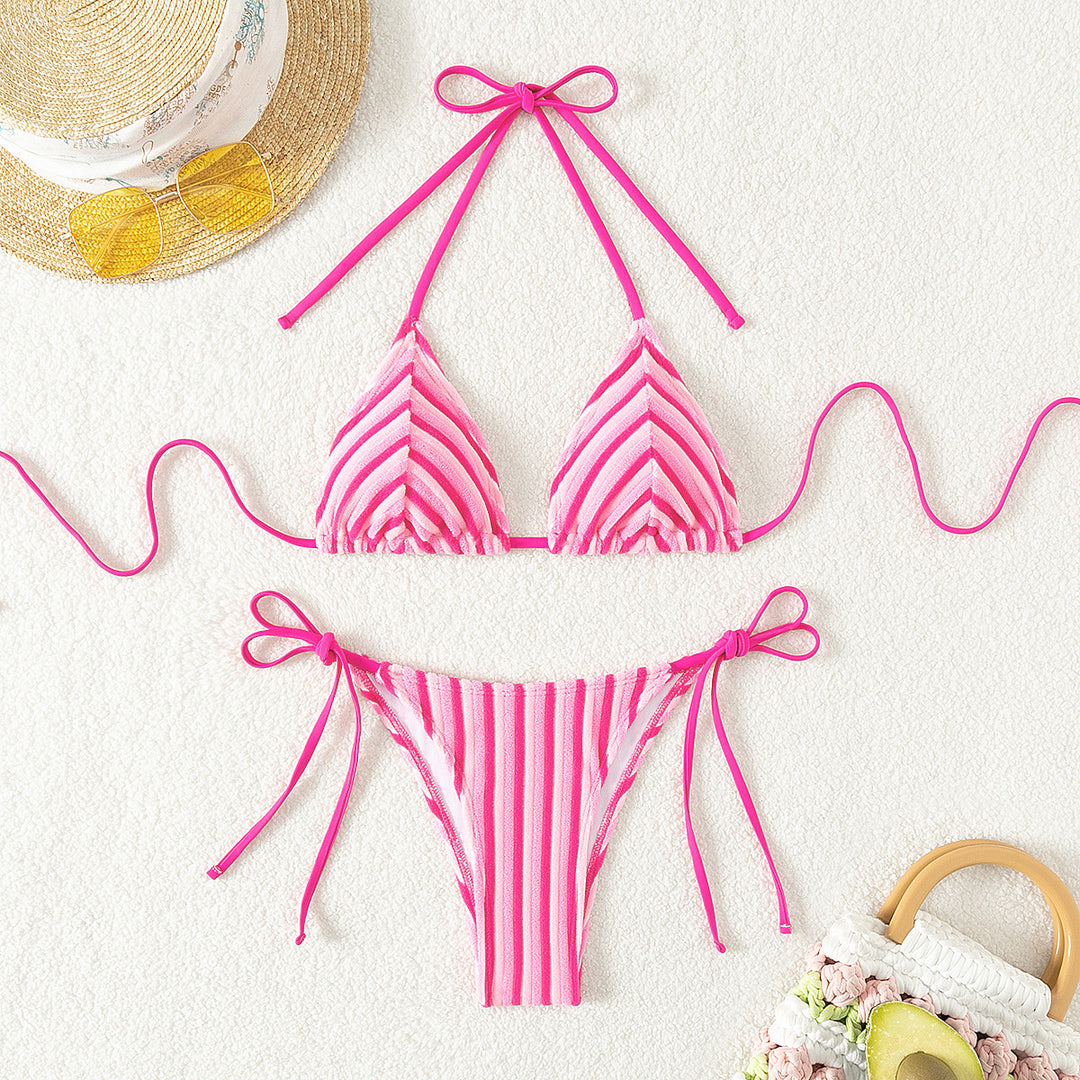 Damen Triangel-Bikini mit raffinierten Streifen und verspielten Schleifen R&B