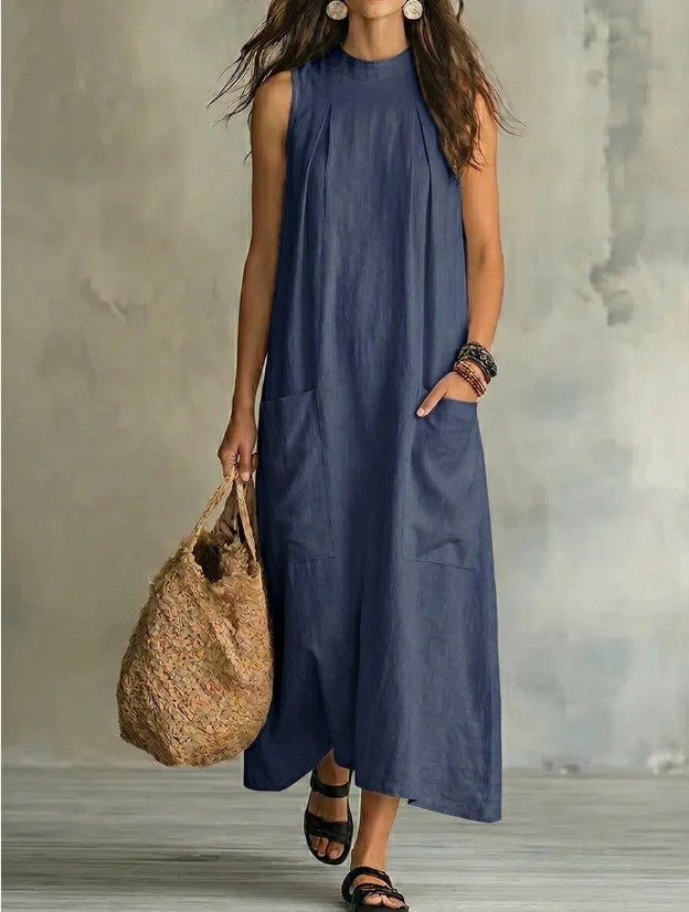 Damen nan ärmelloses Leinen-Maxikleid mit Stehkragen, Brustfalten und aufgesetzten Taschen R&B