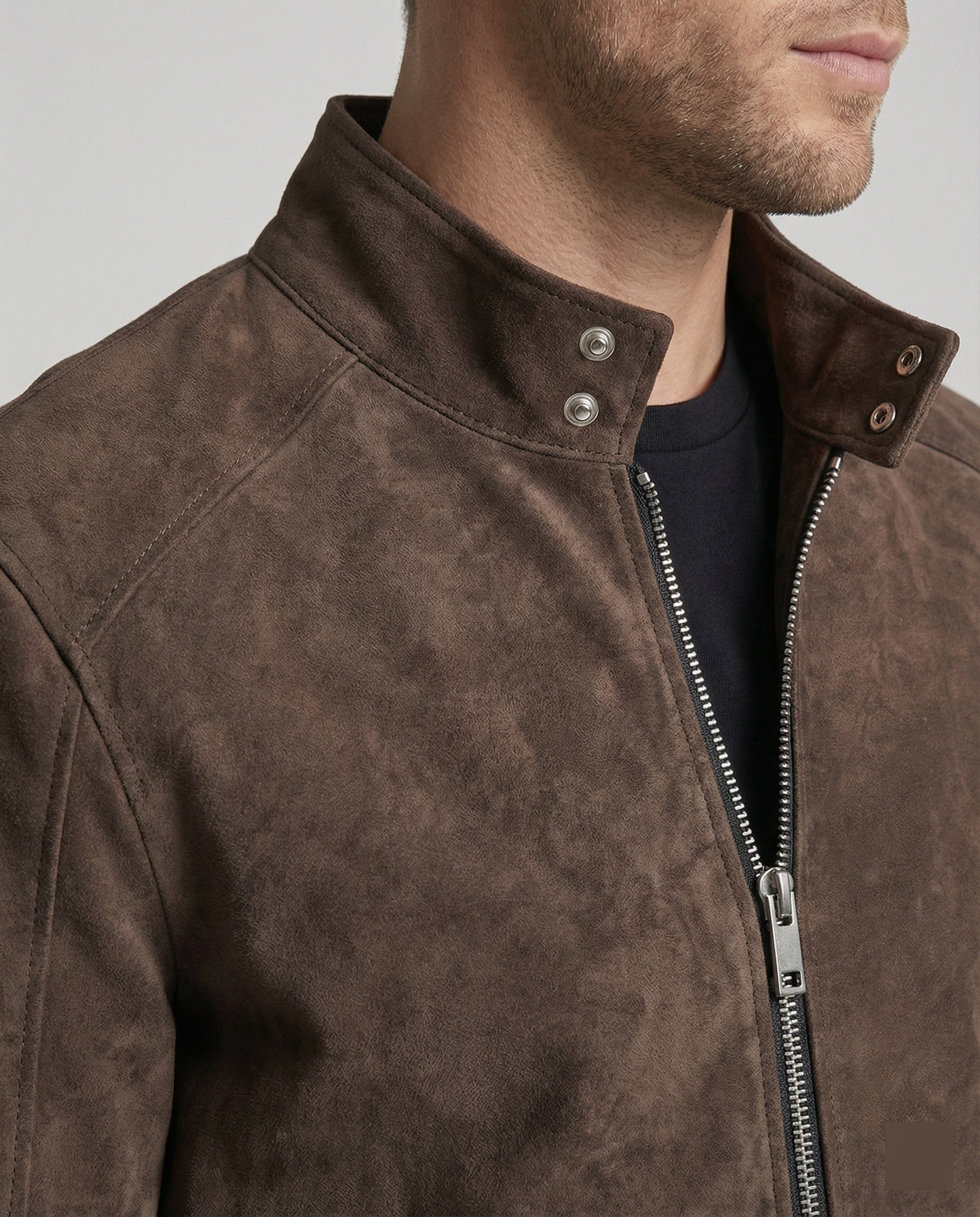 Herren kurz geschnittene Velourslederoptik-Jacke mit Stehkragen, durchgehendem Reißverschluss und Druckknopfmanschetten R&B