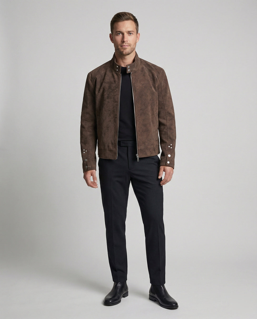 Herren kurz geschnittene Velourslederoptik-Jacke mit Stehkragen, durchgehendem Reißverschluss und Druckknopfmanschetten R&B