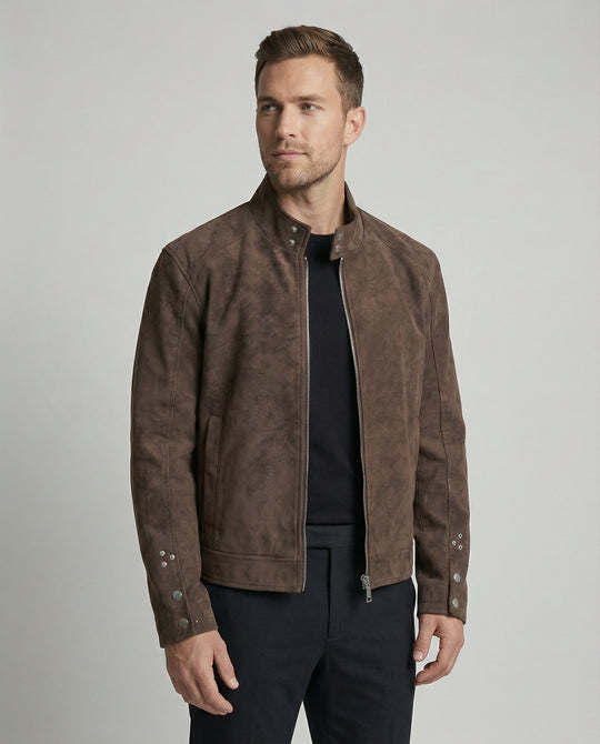 Herren kurz geschnittene Velourslederoptik-Jacke mit Stehkragen, durchgehendem Reißverschluss und Druckknopfmanschetten R&B