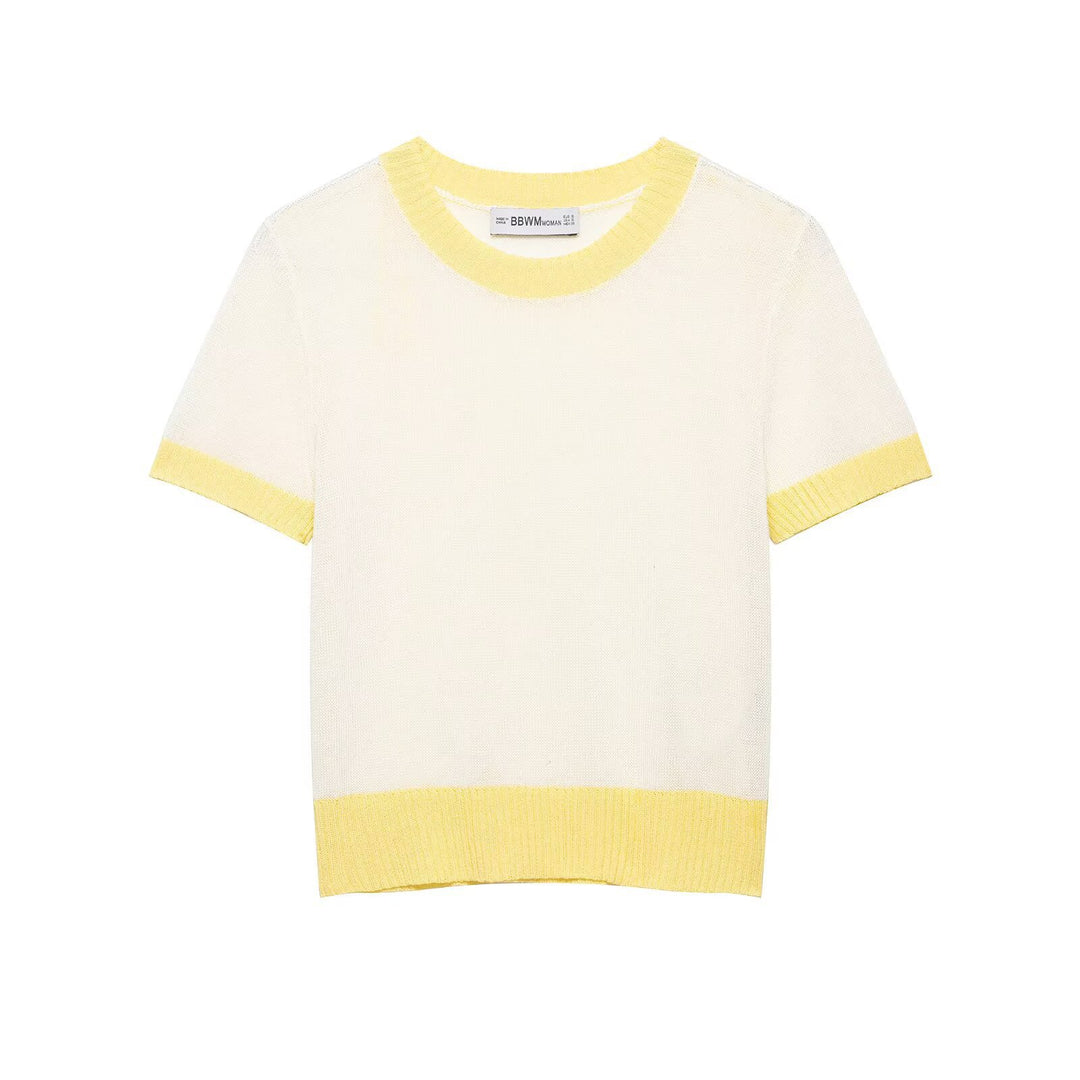Damen lässiges Kurzarmshirt mit maritimem Streifenmuster und feiner Strickstruktur R&B