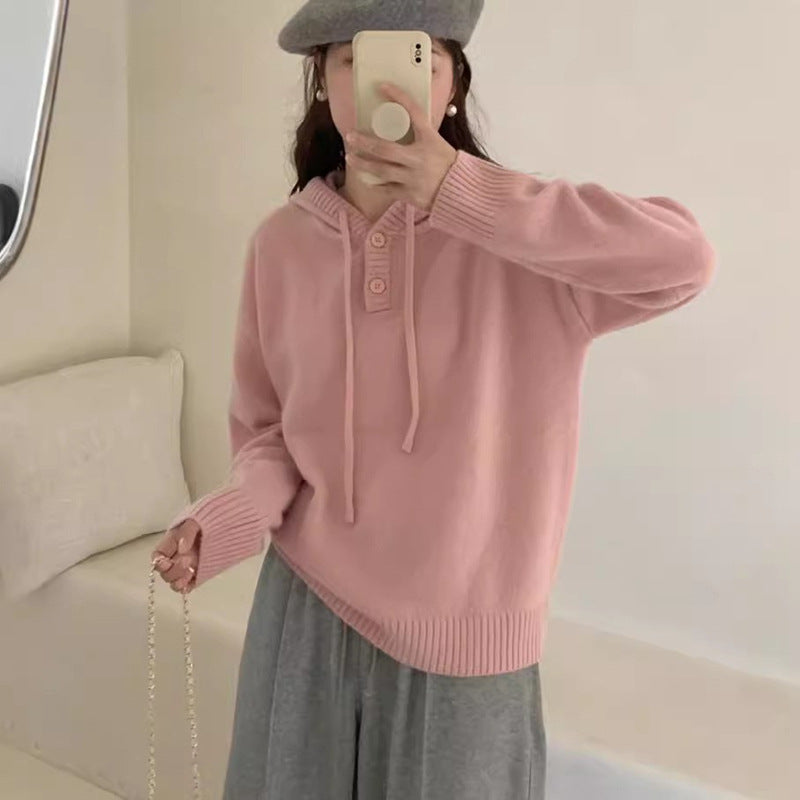 Damen Hoodie-Pullover mit Knöpfen und hohem Kragen