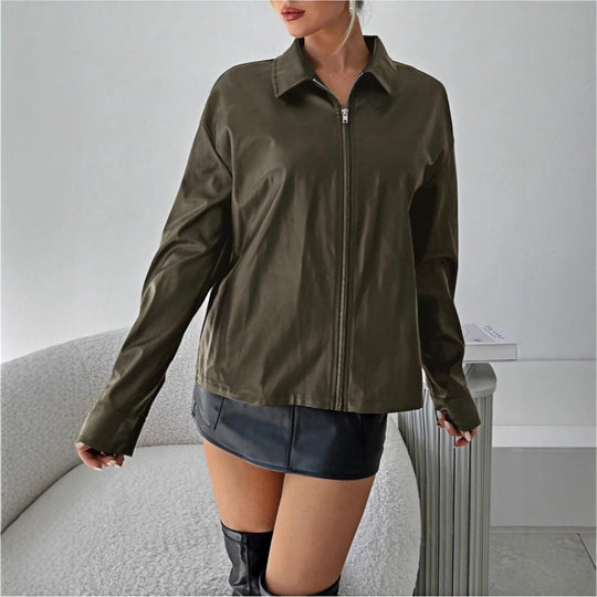 Damen leichtgewichtige Kunstlederjacke mit modernem Reißverschluss R&B