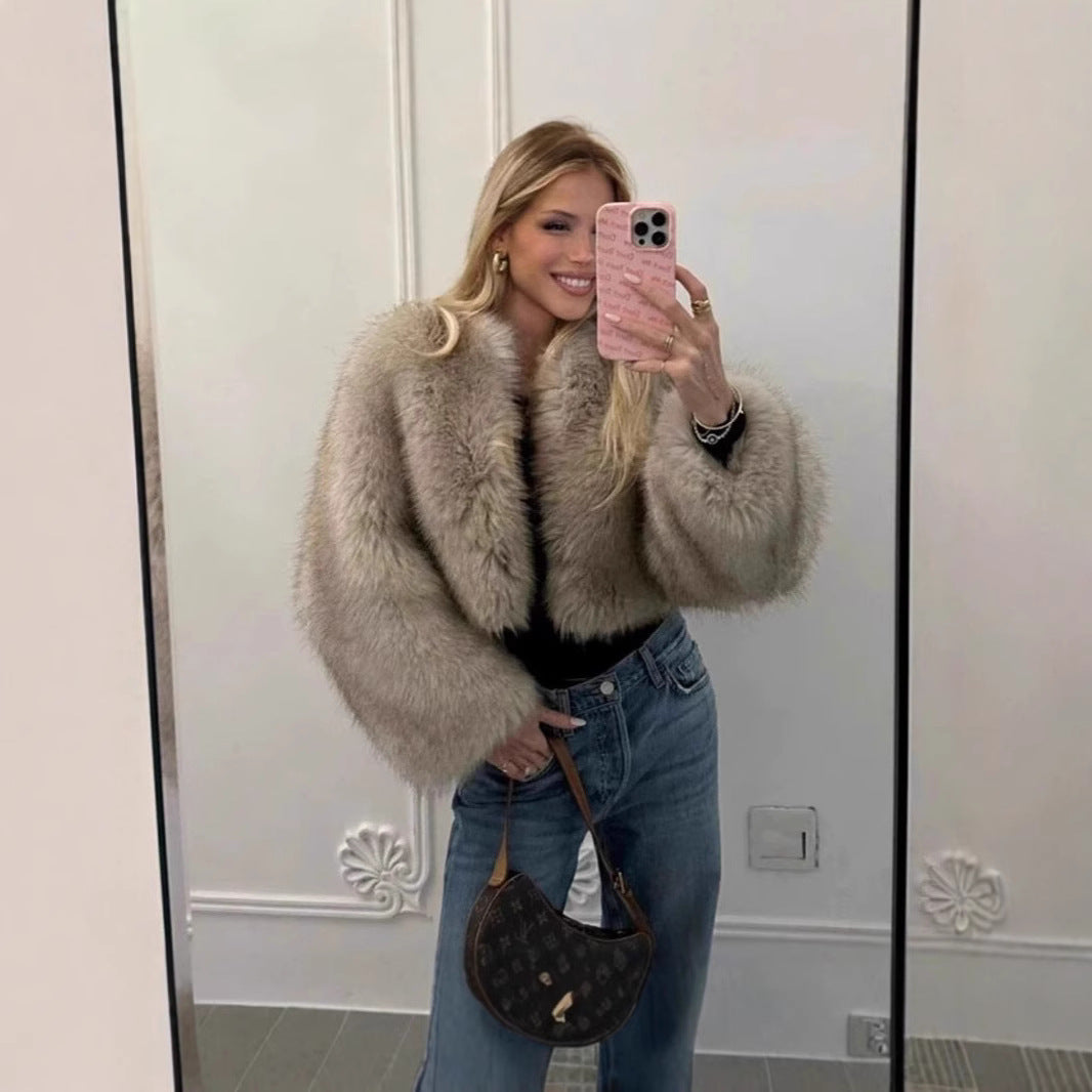 Damen luxuriöse Plüschjacke mit V-Ausschnitt R&B