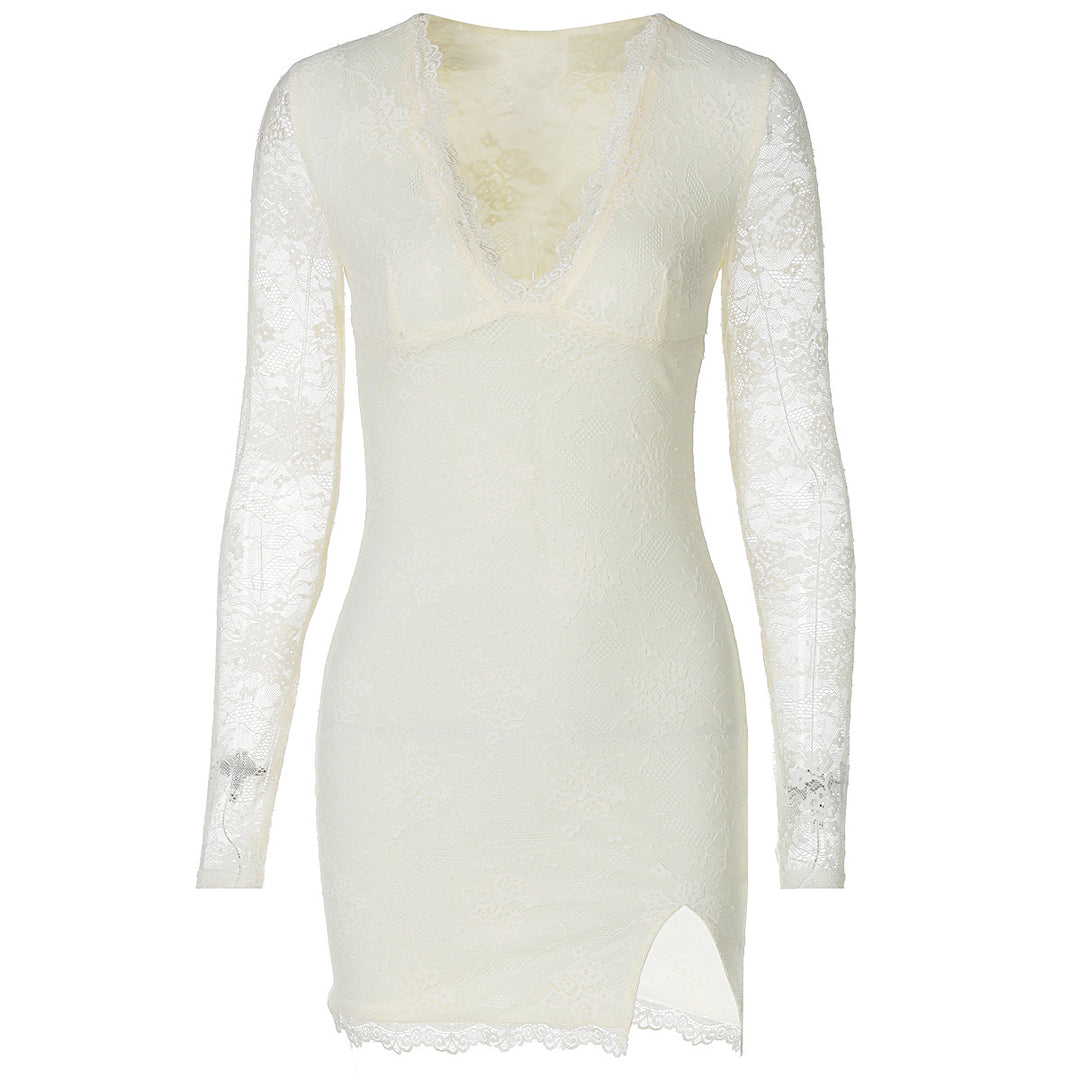 Damen Elegantes Spitzenkleid mit tiefem V-Ausschnitt und langen Ärmeln R&B