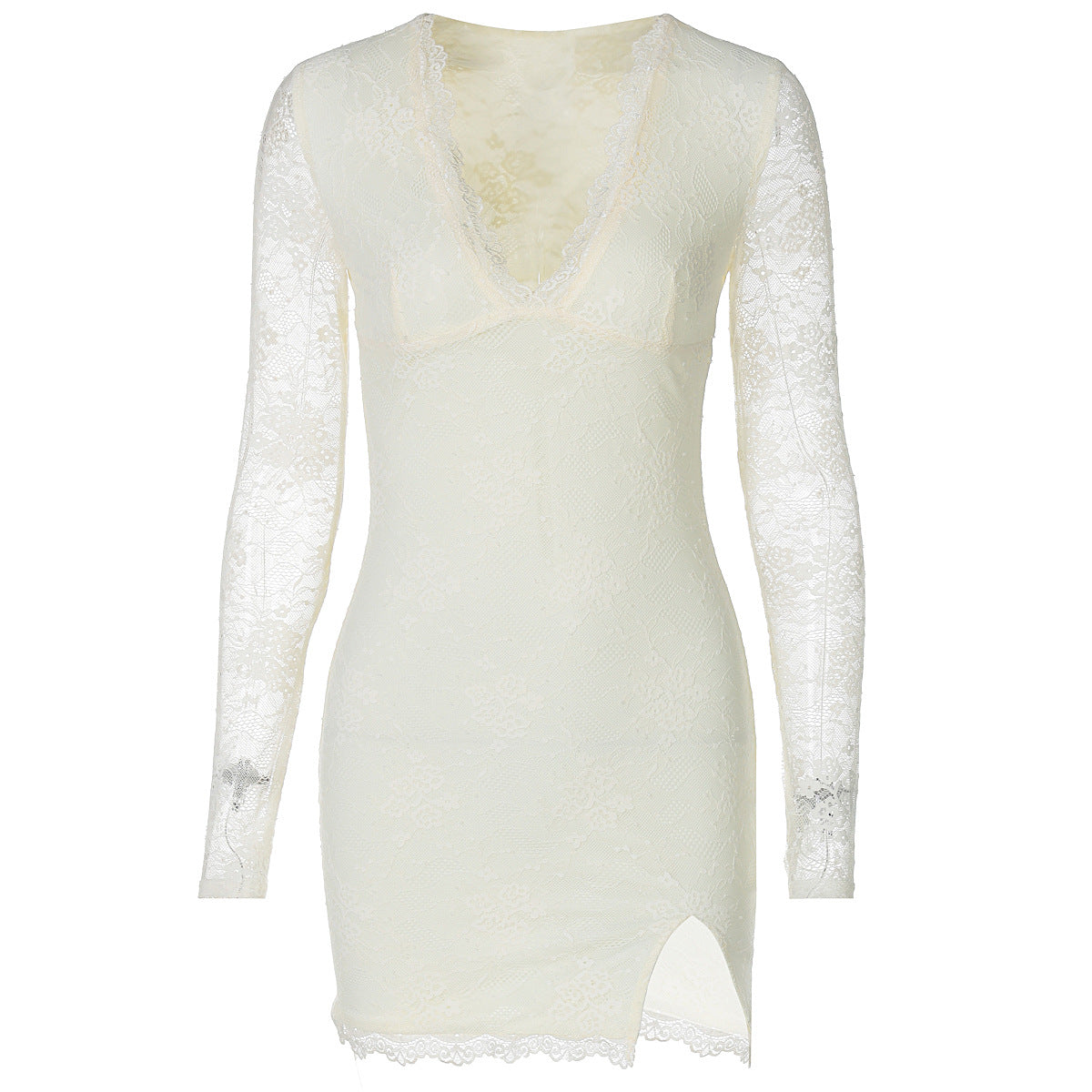 Damen Elegantes Spitzenkleid mit tiefem V-Ausschnitt und langen Ärmeln R&B